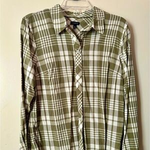Talbots Olive and White Plaid Long Sleeve Button Down Shirt